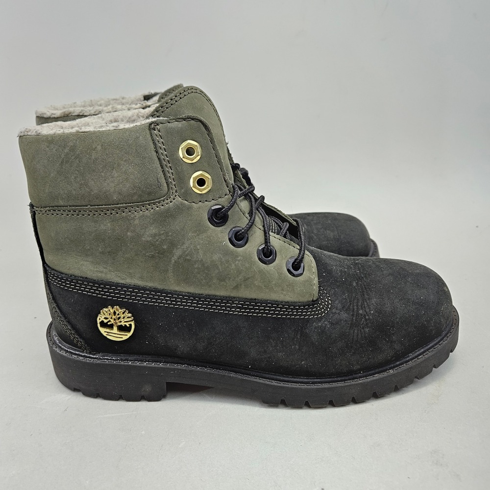 Timberland 6" Premium Boots Black Olive Green Boys 6.5 women 8.5 Nubuck Suede
